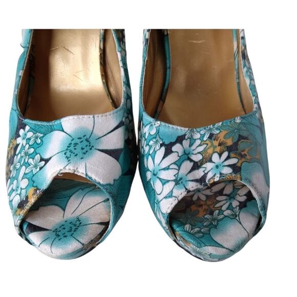 Show Story Platform Heels Teal Floral Open Toe Size 9.5 or EU41 - Picture 8 of 15